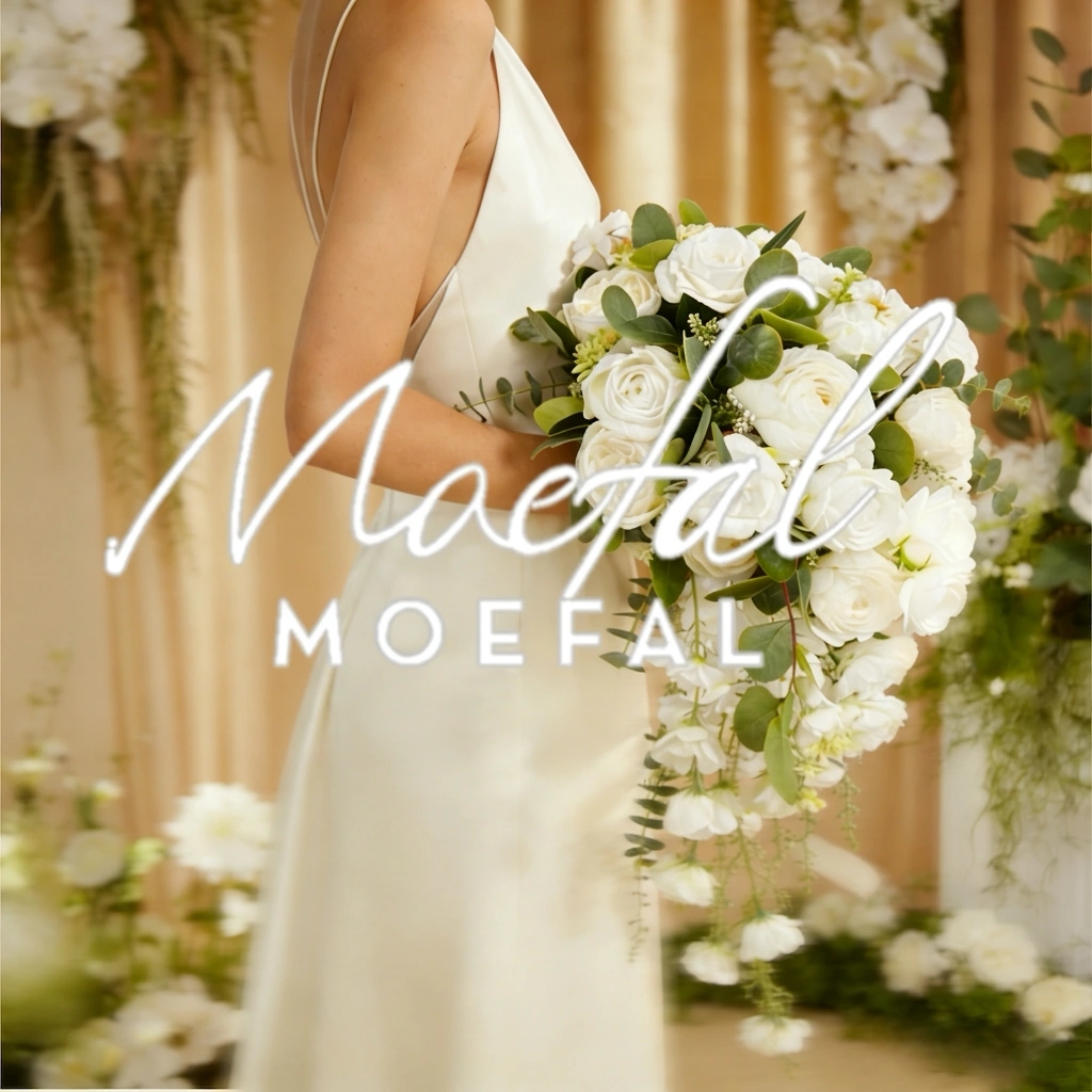 Bride in an ivory slip dress holding a cascading bouquet of white wedding flowers.